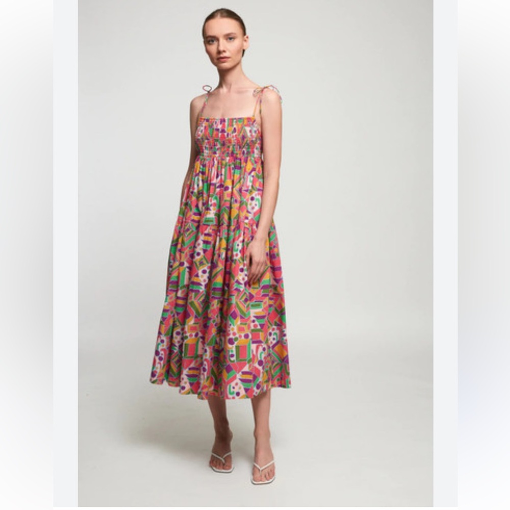 Anthropologie S/W/F Miro Midi Dress Smocked Tie Shoulder Geometric Print Sz L